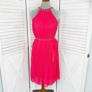 White House Black Market Pleated Halter Dress Chain Detail Pink XS Sleeveless
